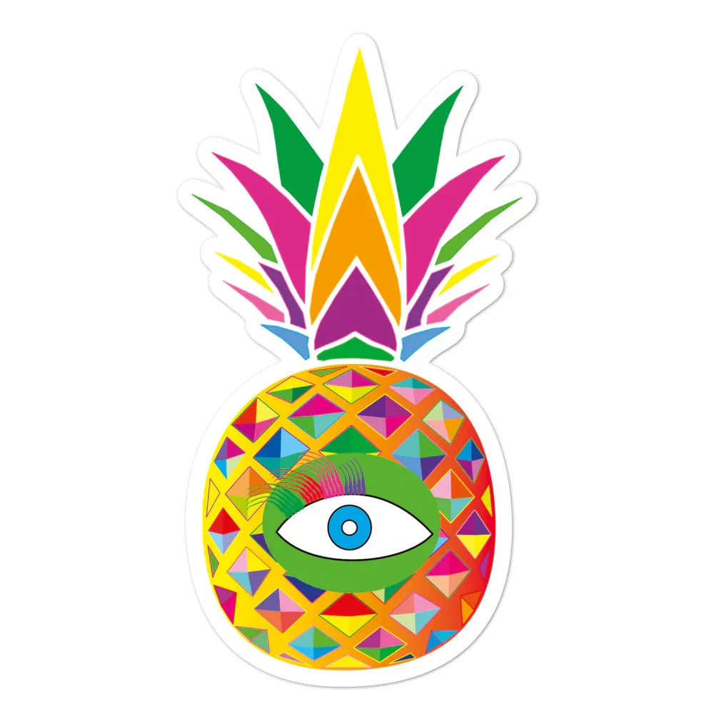 Colorful pineapple sticker with geometric patterns and a single blue eye in center