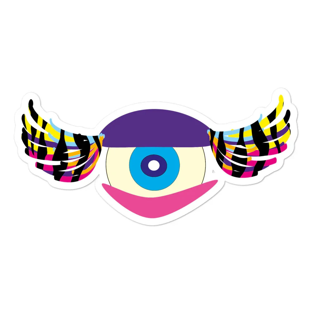 Colorful eye sticker with purple top, blue iris, pink bottom, and multicolor striped wings